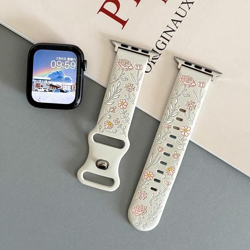 Kwiatowy Grawerowany Pasek Do Apple Watch Pasek 46mm 40mm 44mm45mm 42mm 41mm Silikonowy Sportowy iWatch Seria 10 9 8 7 6 5 4 Ultra 2
