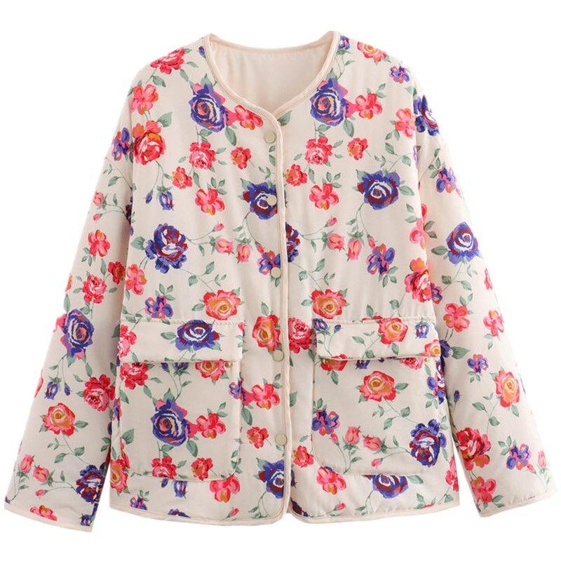 

Fashion Style 2024 Fall and Winter New Arrival Women s Clothing Retro Rose Flower Print round Neck All-Matching Loose Jacket Coat Picture color L