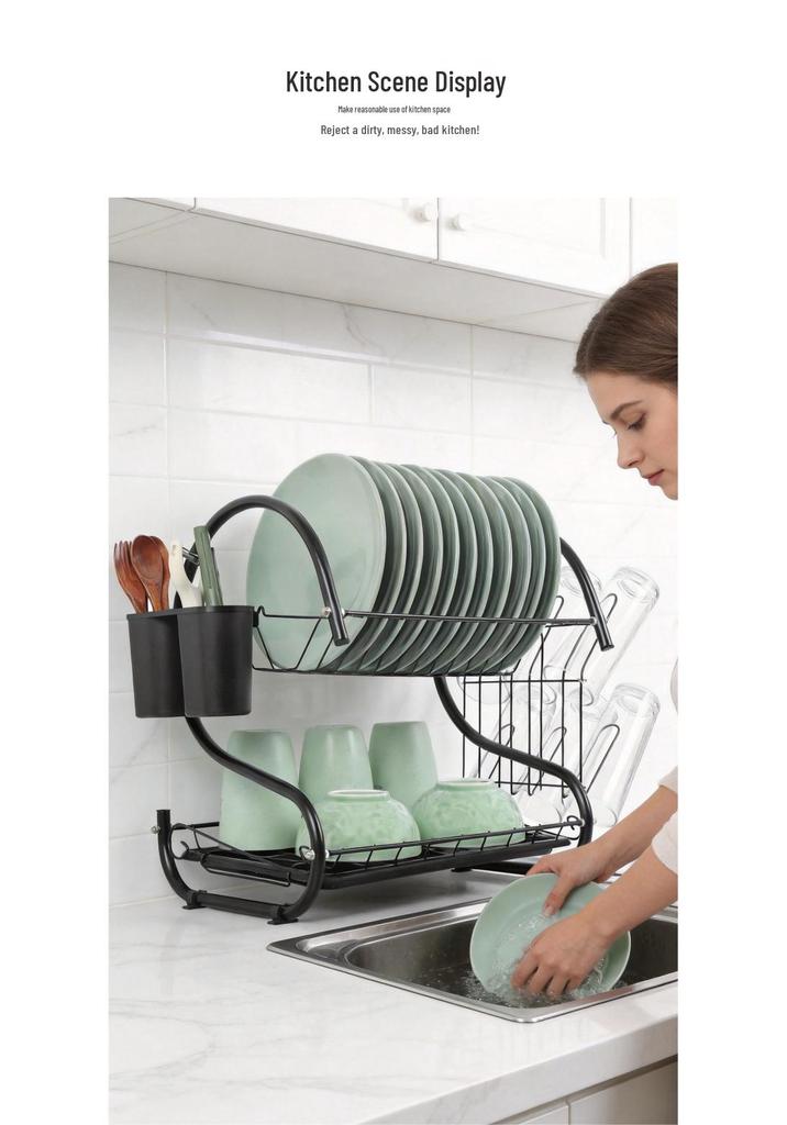 Black Double-Layer Kitchen Organizer: Electroplated Bowl, Plate, and Chopstick Drying Rack with Cup Storage