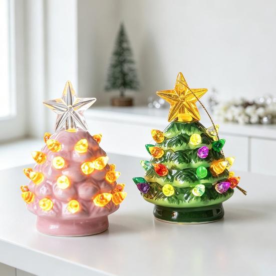 Cozy Christmas Party Supplies Tree Ornament, Glowing Retro Resin Tabletop Decor with Star Mini Decorations Topper, Vintage Xmas Trees Night Light for