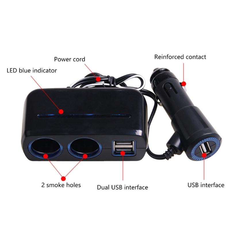 12V/24V Vehicles Lighter Socket Splitter Multiple Device Charging Car Accessory with 2 USB Interfaces Totally 3A Output