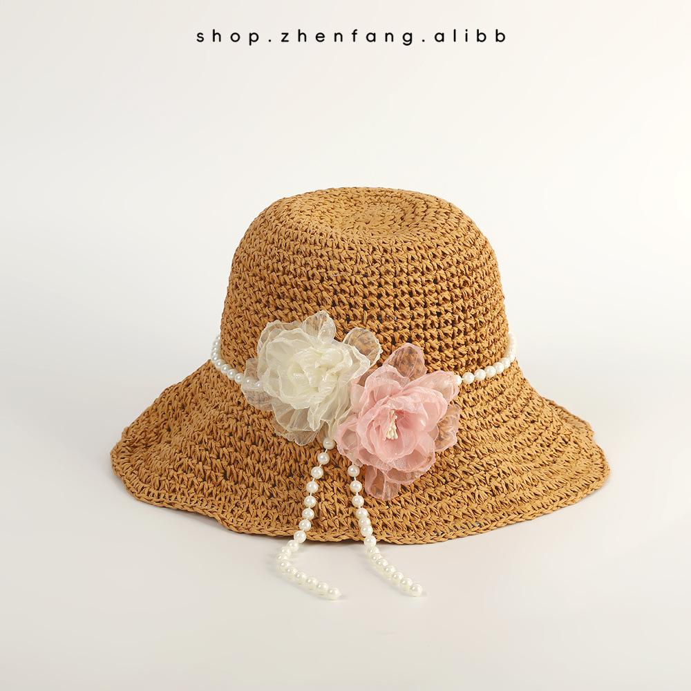 Pearl straw hat summer travel sunscreen sunshade bucket hat new straw seaside vacation net red hat