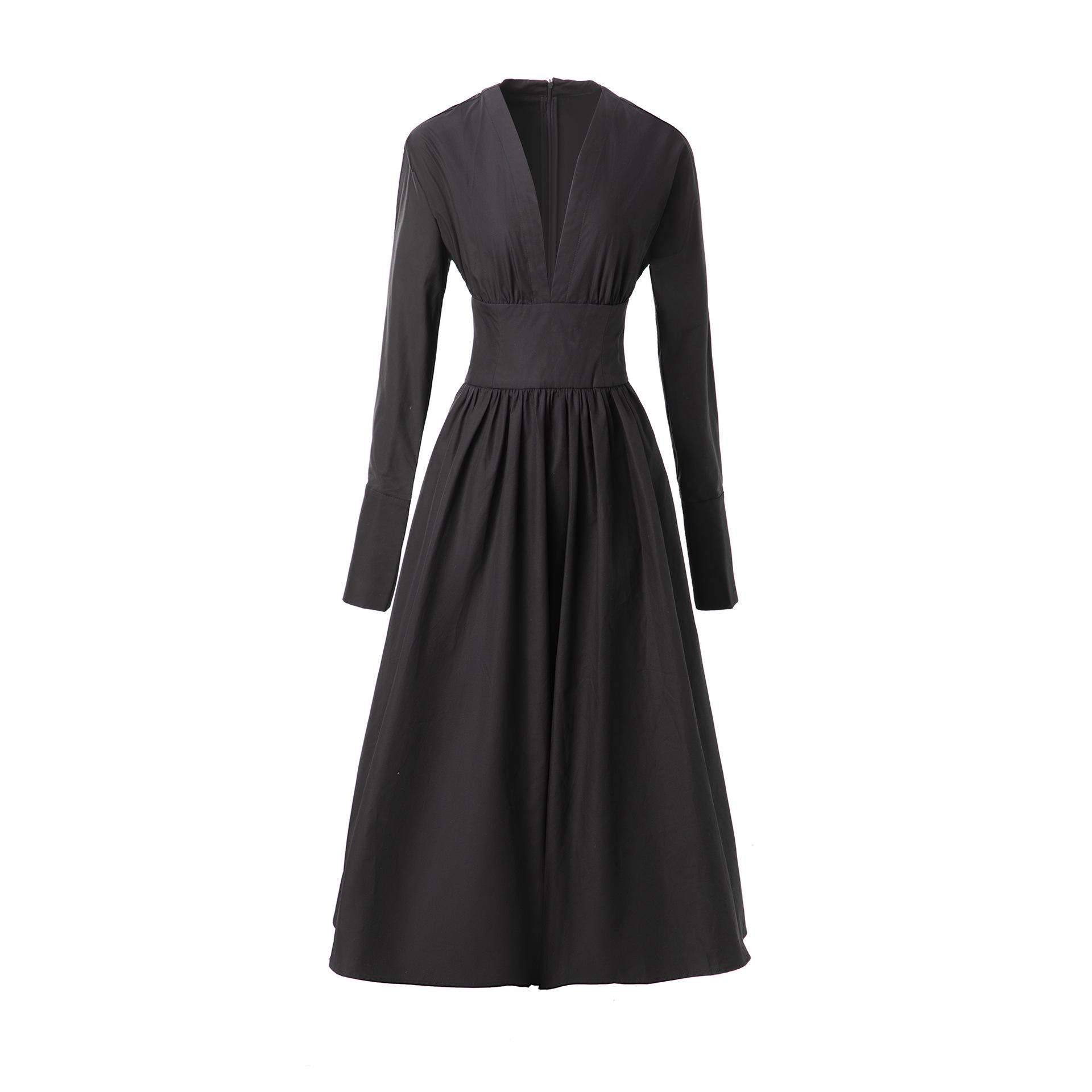 

White Dolman Sleeve V-Neck Cotton Swing Dress - Autumn/Winter French Fashion S чёрный