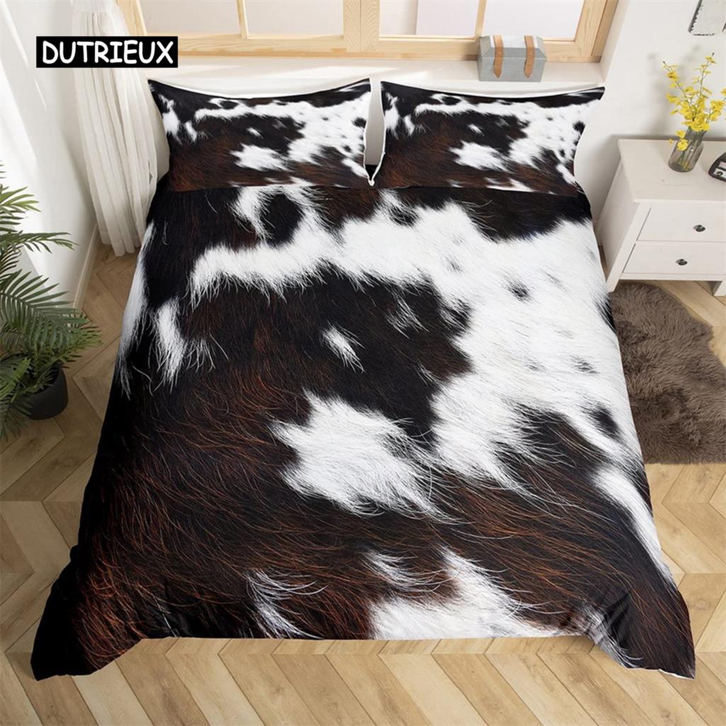 

Brown Cowhide Duvet Cover Patchwork Cow Fur Farm Animal Bedding Set Western Farmhouse Retro Style Quilt Cover for Bedroom Decor EU single(135x200cm)