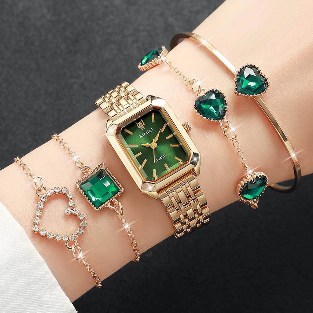 5 pièces/ensemble Montre Exquise de Luxe pour Femme Montre à Quartz Rétro Tendance Avec Ensemble Bracelet Cadeau pour Filles (Boîte non incluse)