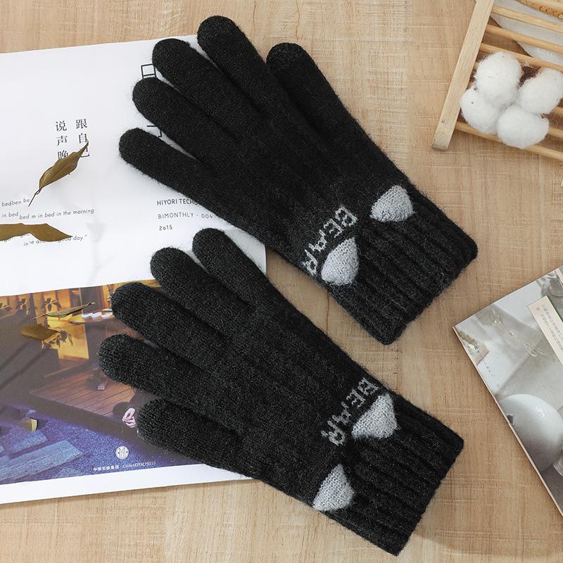 Korean Cat's Ears Cute Knitted Gloves Women Thickened Warm Touch Screen All Finger Gloves Soft Skin Friendly Splice Color Gloves