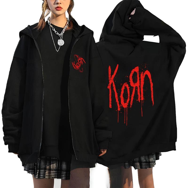 Korn Rock Band Letter Logo Zipper Hoodie Men's Metal Gothic Vintage Oversized Zip Up Hoodies Streetwear Punk Sweat Shirts Jacket