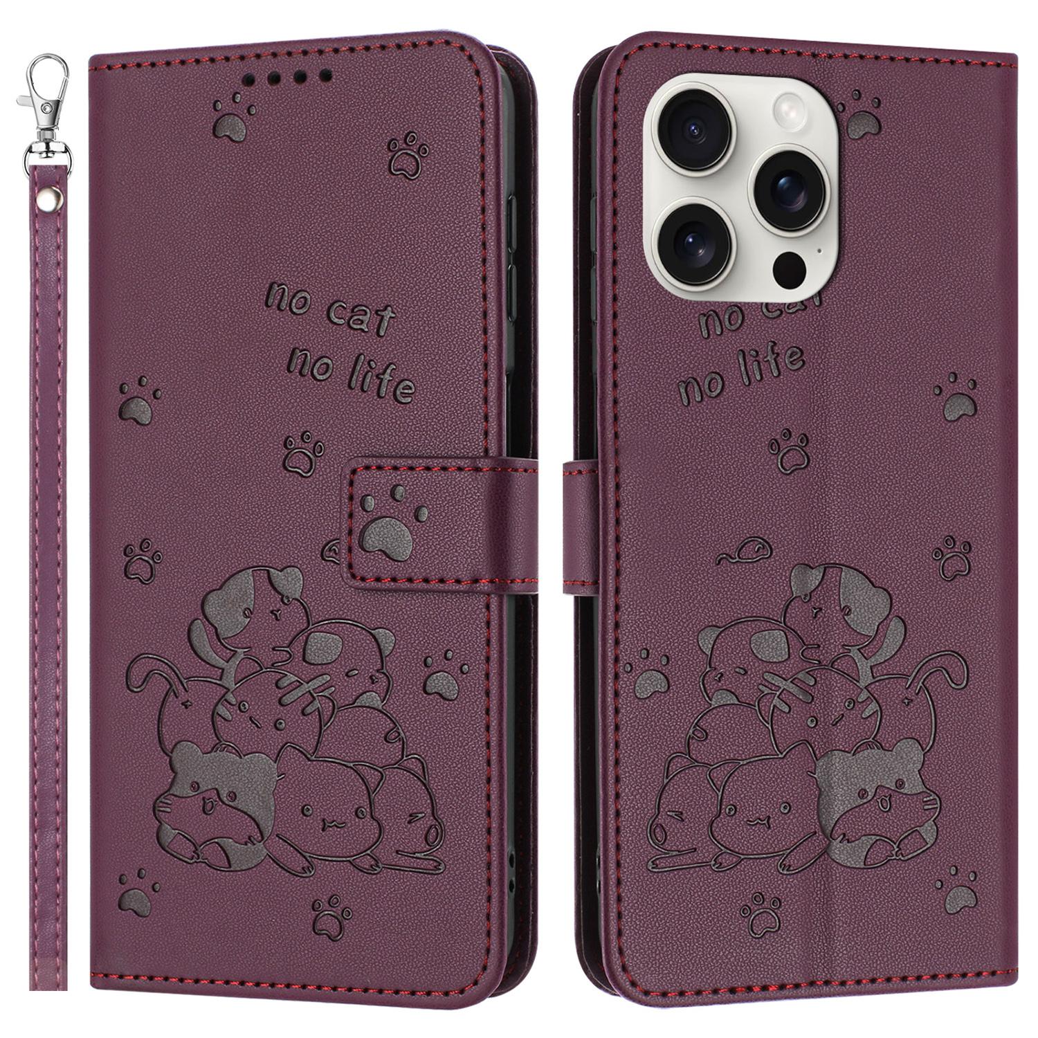 For iPhone 15 Pro Case with Strap Cats Imprint Leather Wallet Phone Cover C