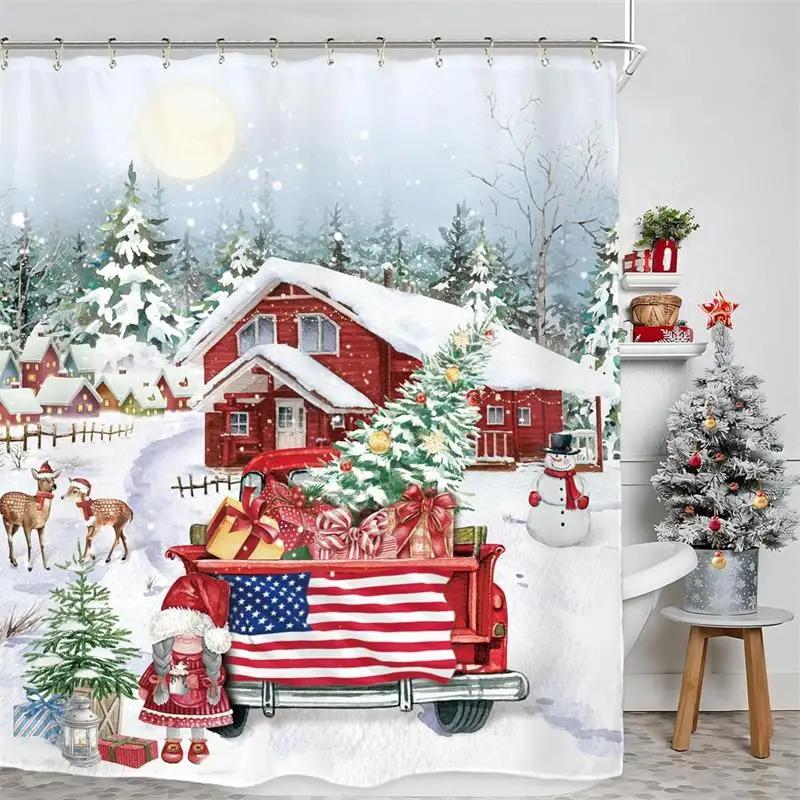 Christmas Shower Curtains Cute Elf Santa Claus Snowman Red Bird Xmas Tree Winter New Year Home Bathroom Curtain Decor With Hooks