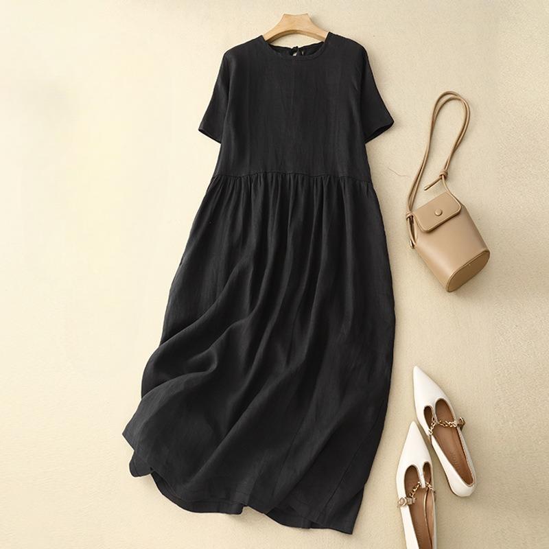Simple and Elegant Simple Dress Literary Round Collar Sleeve Belt Big Skirt