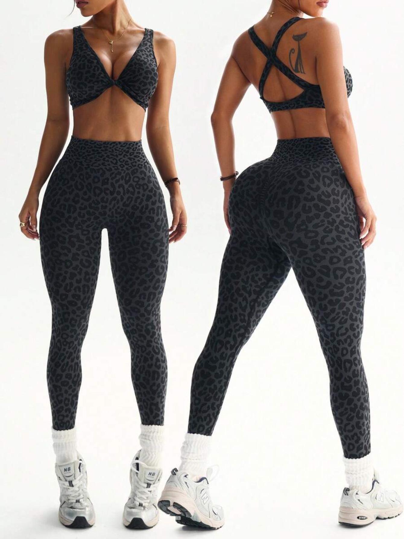 Leopard Print Yoga Set: Deep V Cross Sports Bra & High Waist Hip-Lifting Leggings Large леопардовый