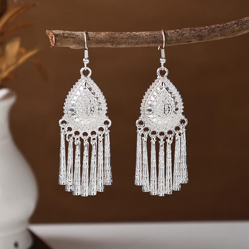 Ethnic Miao Silver Tassel Earrings - Retro Long Dangle Scenic Studs for Women
