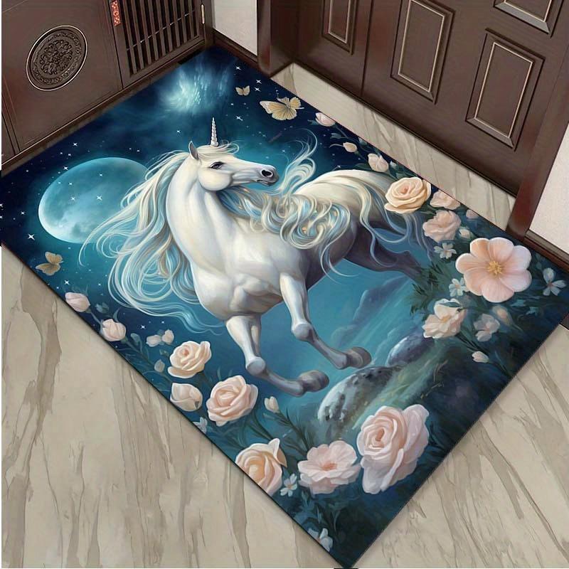 Unicorn and Roses Rug for Elegant Interiors - Magical Horse Design Carpet with Floral Accents for Living Room or Bedroom Decor