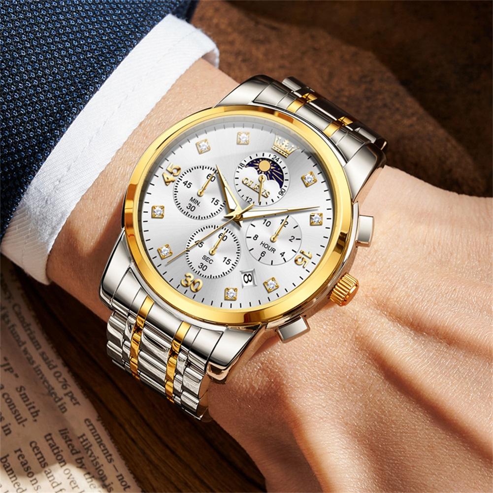 

Мужские часы Роскошные Золотые Модные часы для мужчины Фаза Луны Дата Хронограф Оригинальные Водонепроницаемые Кварцевые Наручные часы золотой/белый