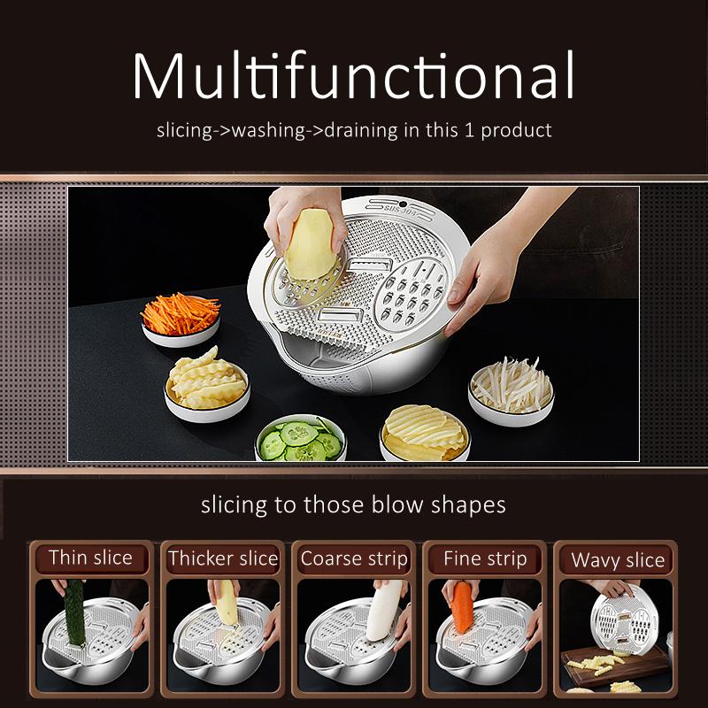 Multifunctional LFGB Certificated 316L Stainless Steel Rice Washer 304 Stainless Steel Fruit and Vegetable Slicer Cutter 2 in 1