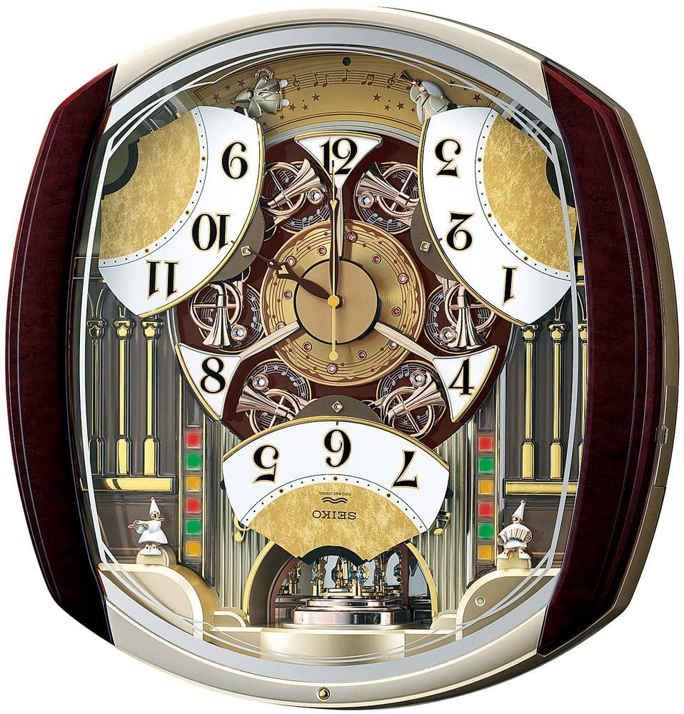 Seiko Nástěnné hodiny Karakuri s rádiem, analogové Karakuri, 6 skladeb, melodie, rotující dekorace, tmavě hnědý mramorový vzor RE564H