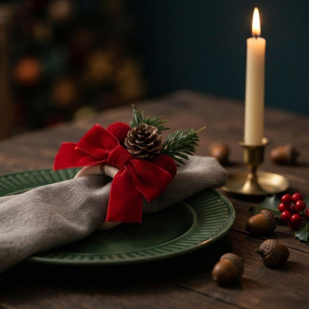 6PCS Pinecone Red Bow Napkin Rings Artificial Berry Napkin Holders Holiday Dinner Party