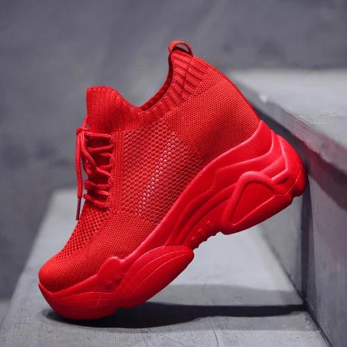 

9 см скрытые каблуки платформы кроссовки женские дышащие сетчатые туфли на танкетке женские весенние повседневные туфли De Mujer 38 красный