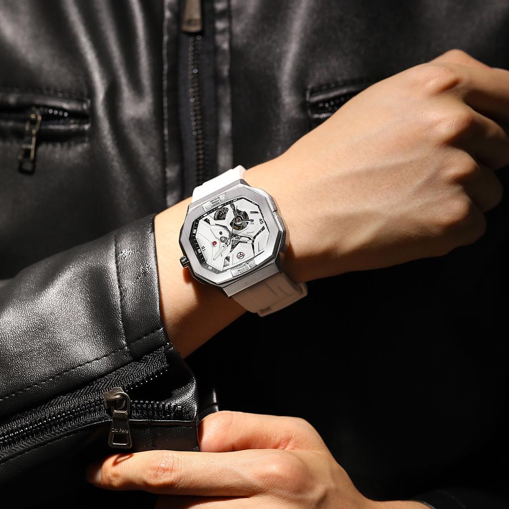 Forsining Mens Skeleton Automatic Self Wind Mechanical Movement Watches Waterproof Luminous Square Dial Silicone Strap Wrist Watch