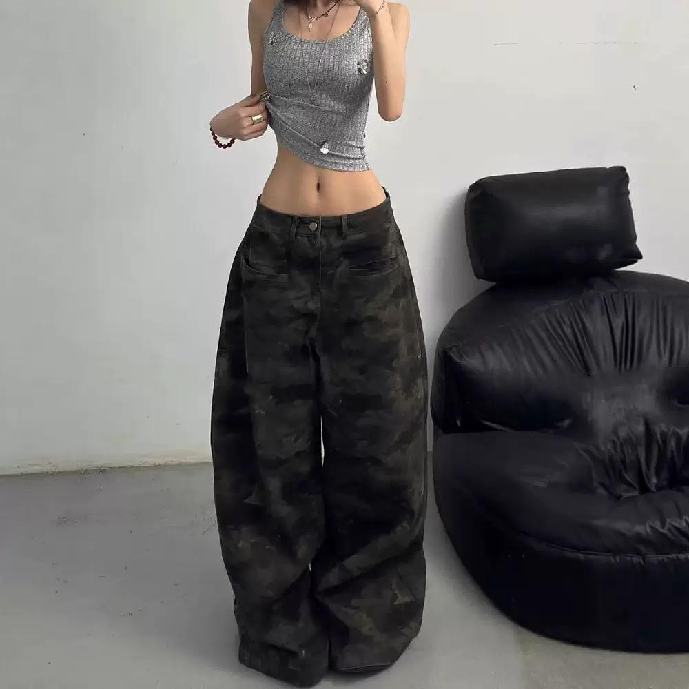 GLYDE Womens Jeans High Waist Baggy Casual Vintage Y2K Camouflage Straight Pants Street American Wide Leg Denim Trouser