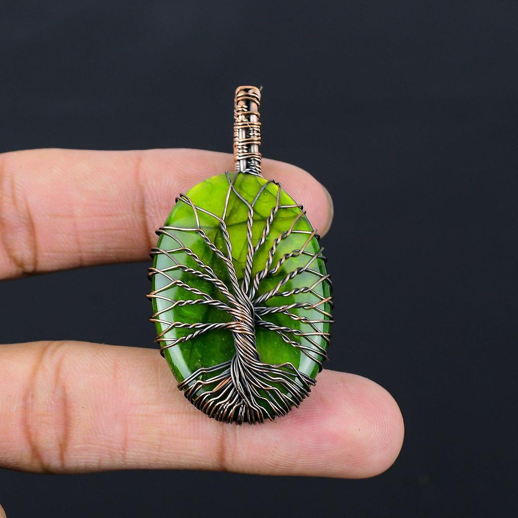 Tree Of Life Green Flash Labradorite Gemstone Pure Copper Wire Wrapped Handmade Pendant Jewelry