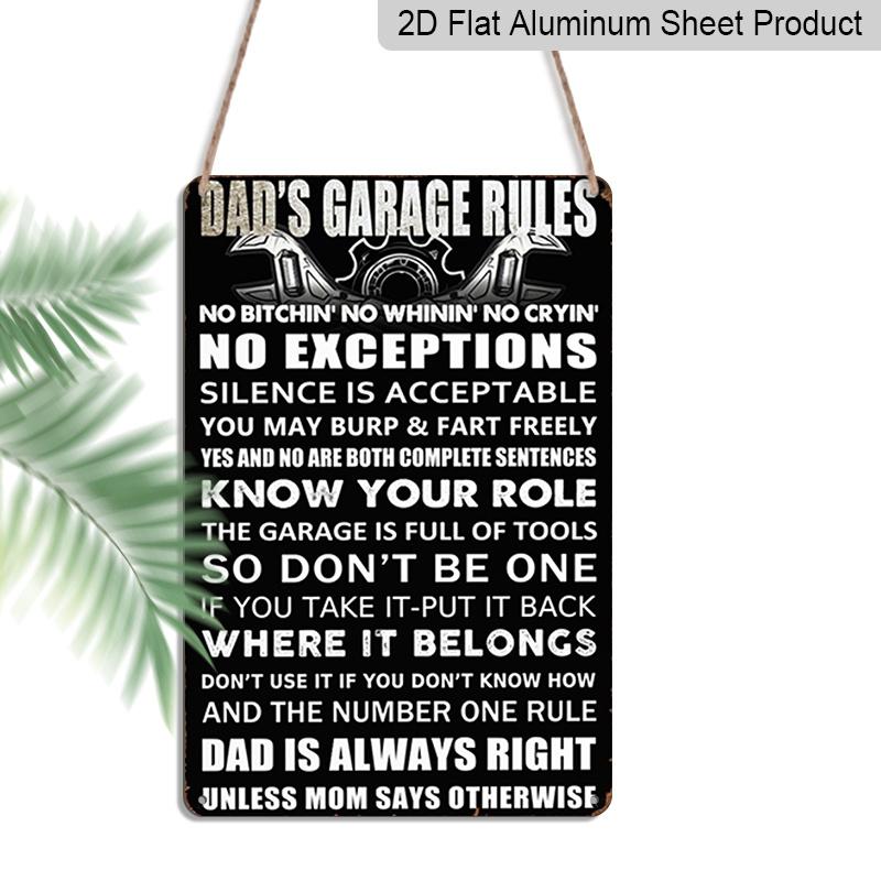 2D Flat 1pc Dad s Garage Rules Metal Sign 7.87x11.81inch - Aluminum Funny Garage Decor for Home, Workshop, Man Cave, Father s Day Gift - Durable 20*30cm