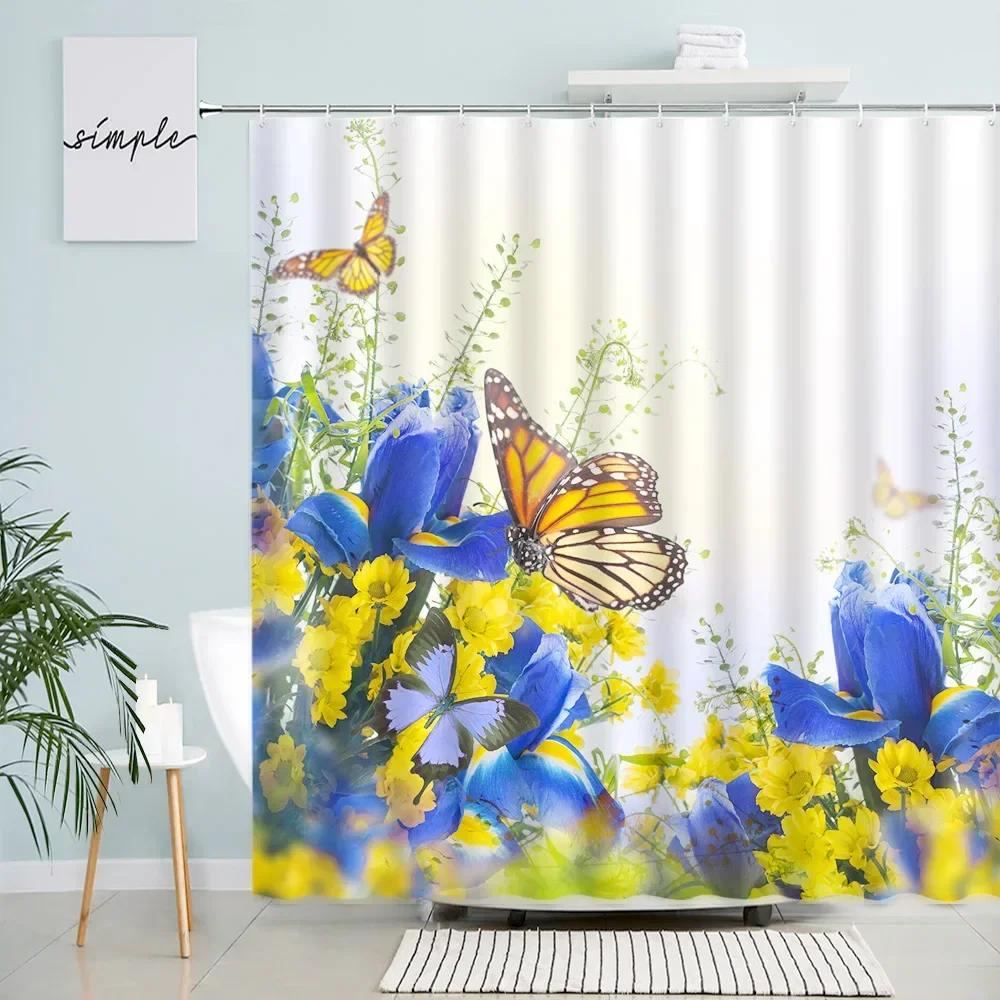 Butterfly Flowers Shower Curtains Pink Rose Blue Tulip Spring Rustic Floral Plant Nature Scenery Fabric Bathroom Decor Set Hooks