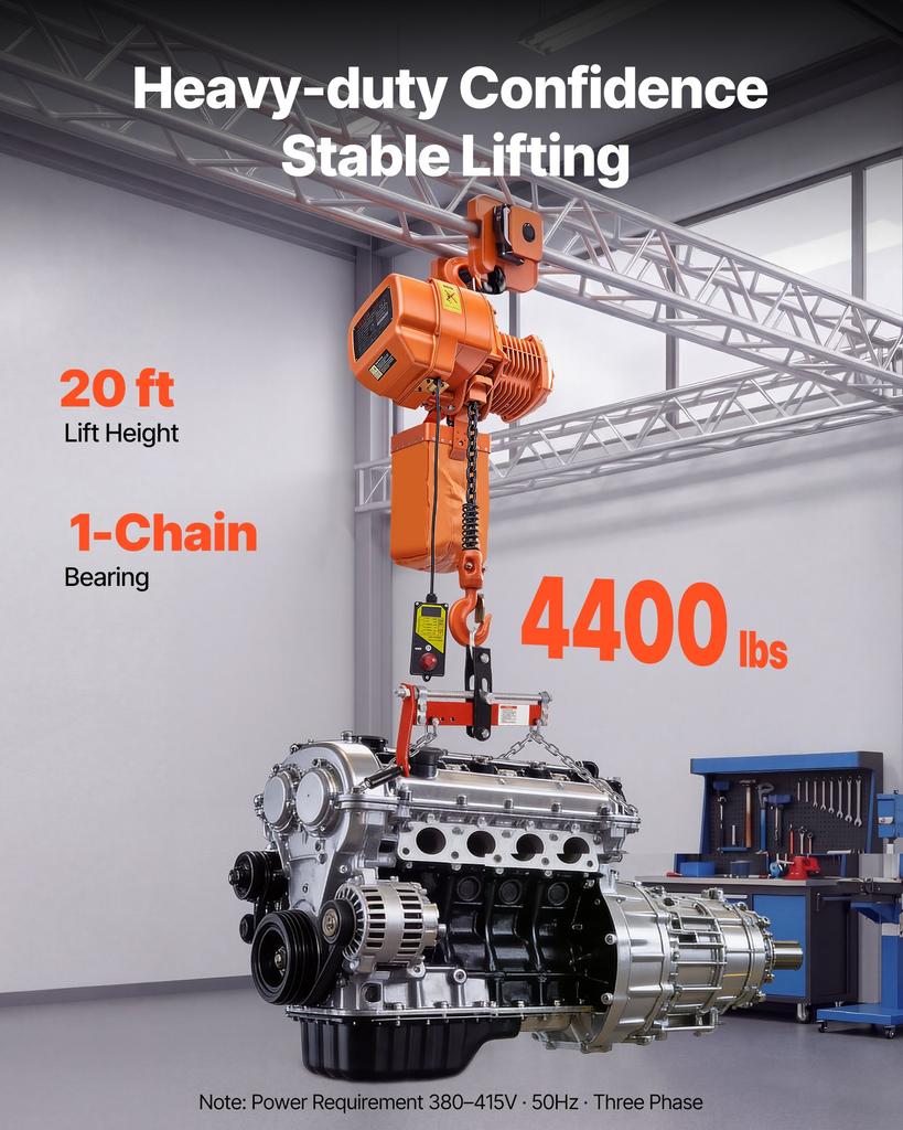 VEVOR 2000 Kg Electric Chain Hoist, 6 M Lifting Height, Three-Phase Overhead Crane with 100 M Wireless Remote Control