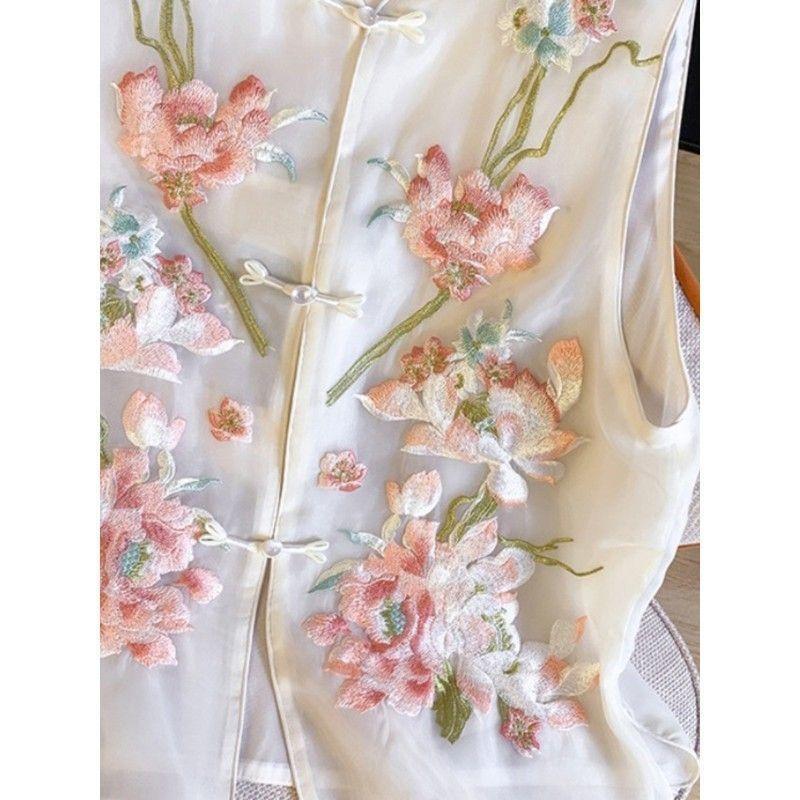 Summer Embroidered Vest Vest Women's High-end Sense Niche Stand-up Collar Buckle Sleeveless Vest Top Women
