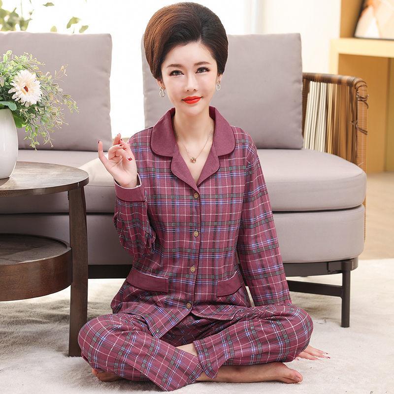 Middle-aged women's 100% pure cotton pajamas women's summer long-sleeved pajamas middle-aged and elderly mother loungewear thin suit