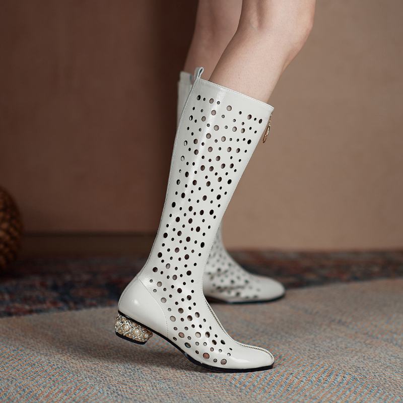 Krazing Pot – bottes d'été à bout rond en microfibre, décorations creuses à la mode, bottes d'été, cuissardes hautes