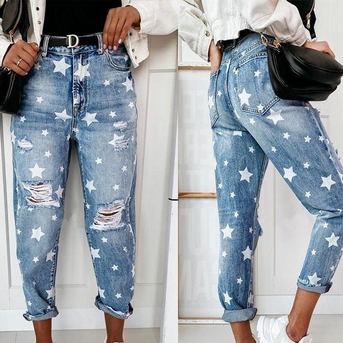 

Рваные джинсы скинни с принтом для женщин M синий