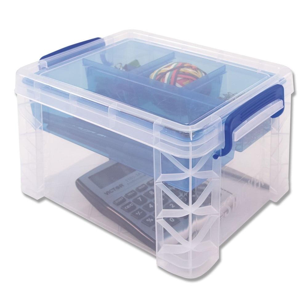 Super Stacker Divided Storage Box Snap Tight Lid Stackable Organizer with Removable Tray Office School Home Storage