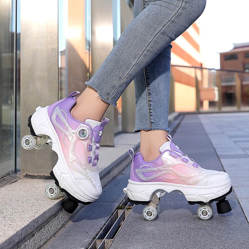 35-44 Boys/ Mens Skate Shoes Walking Shoes  Four-wheeled Roller Skates for Women One-button Retractable Adult Double-row Deformation Shoes