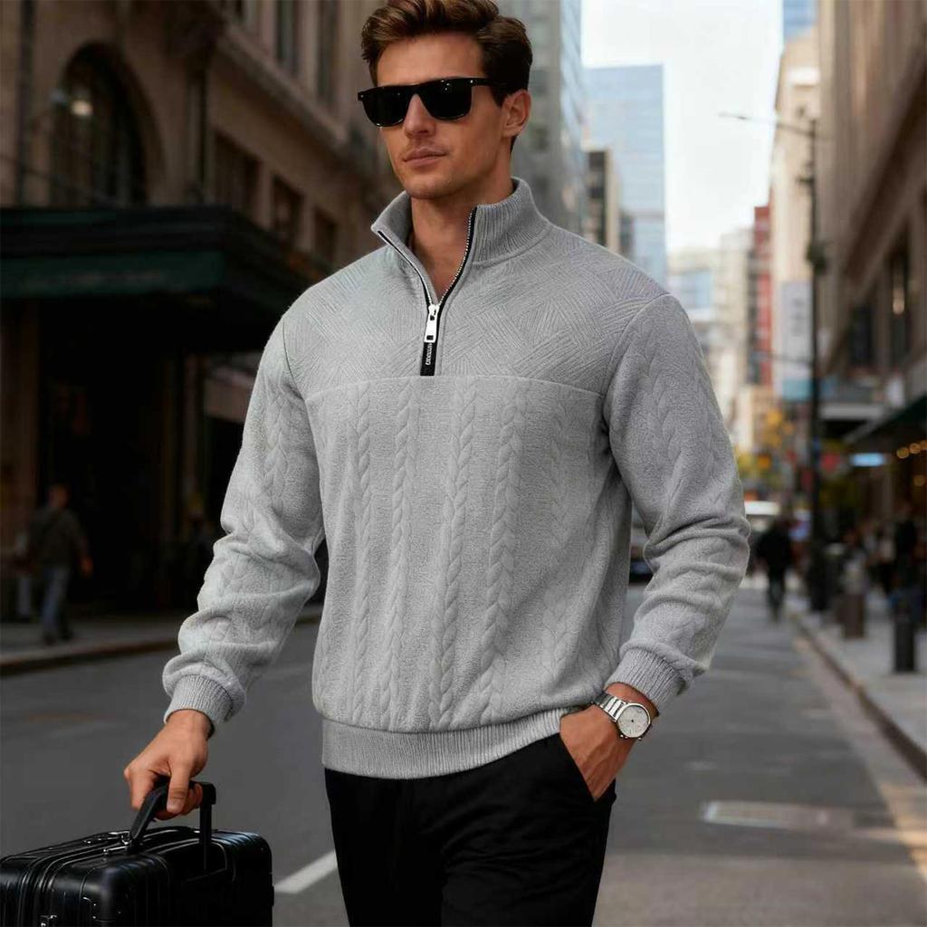 Men's Knitted Pullover Sweater Half Zip Stand Collar Cable Knit Pattern Long Sleeve Casual Winter Warm Sweatshirt
