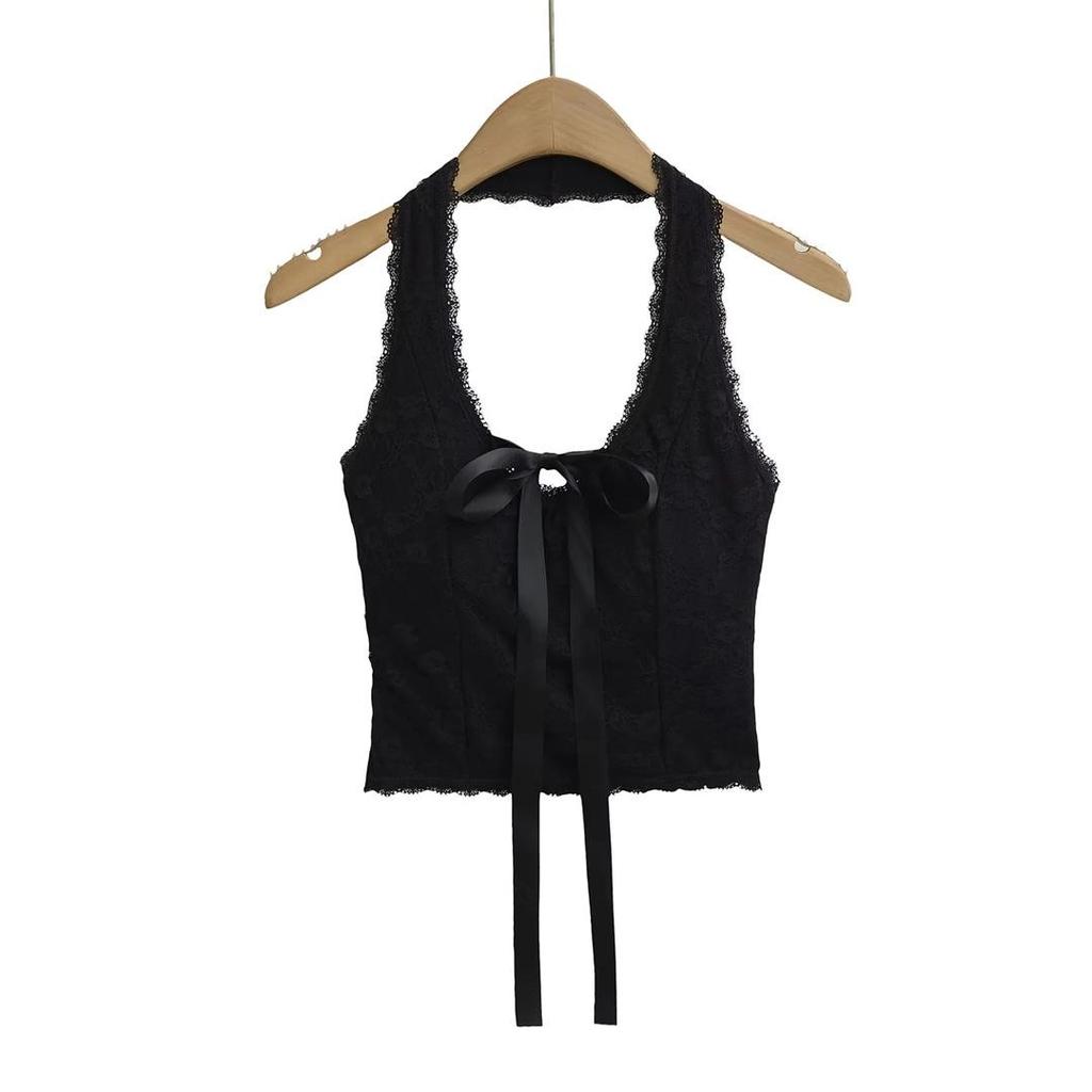 American-Style U-Neck Halter Bow Camisole with Chest Pads - Women's Lace Jacquard Slimming Top