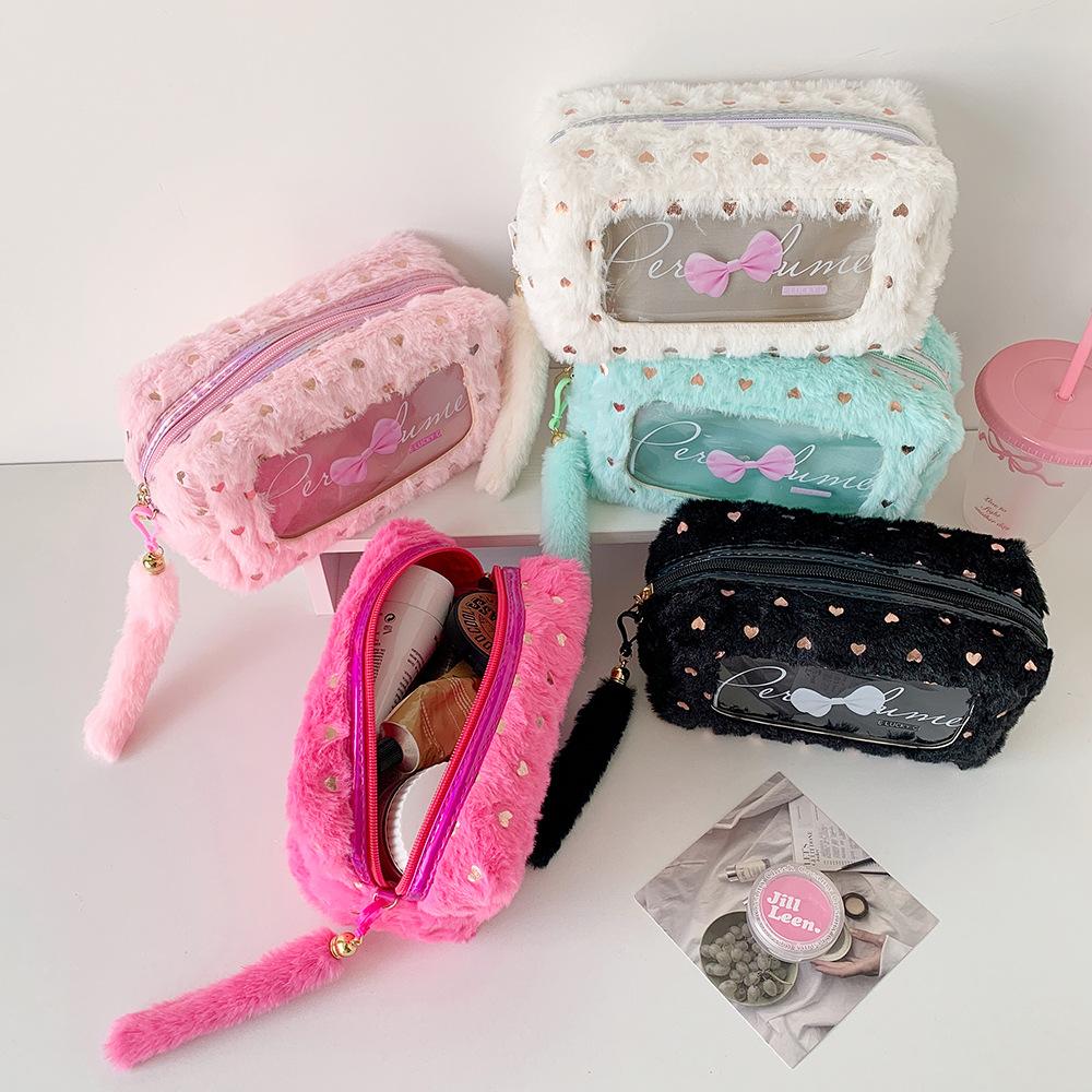 Candy Color Plush Makeup Bag Transparent Cosmetic Bag Girl Bow Pencil Case Stationery Pouch Student Makeup Organizer Wash Bag