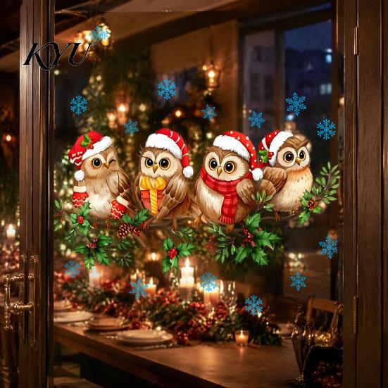 PVC Window Decorations 1/2 Sheets Christmas Cartoon Owl Cling, Standing on Branch Bird Holiday Glass Decals Static Sticker, Removable Waterproof