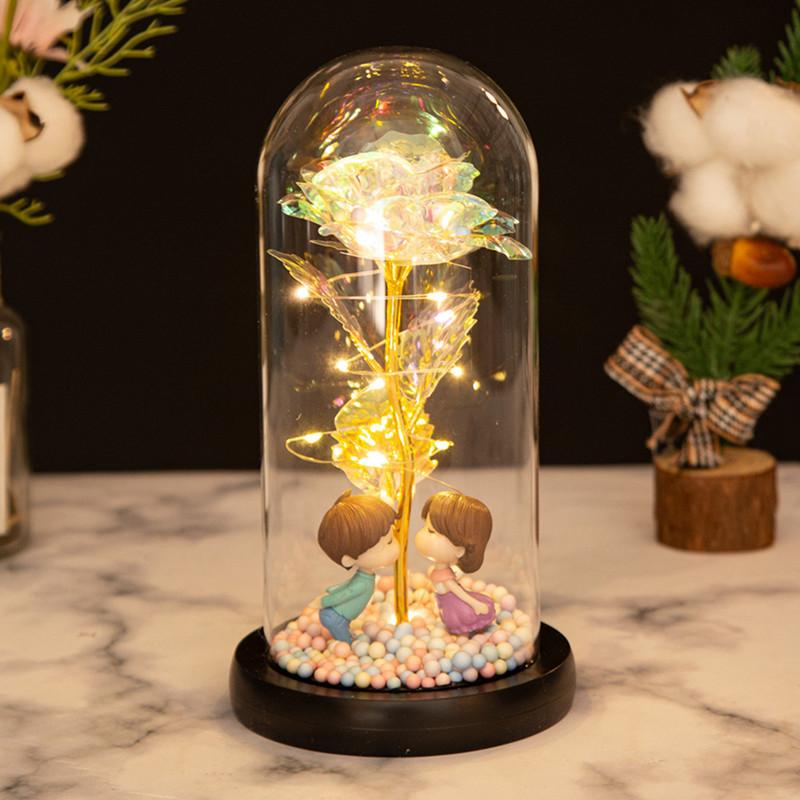 Gold Rose Glass Cover Ornament, Gold Leaf Flower LED Light Creative Christmas and Valentine's Day Gift