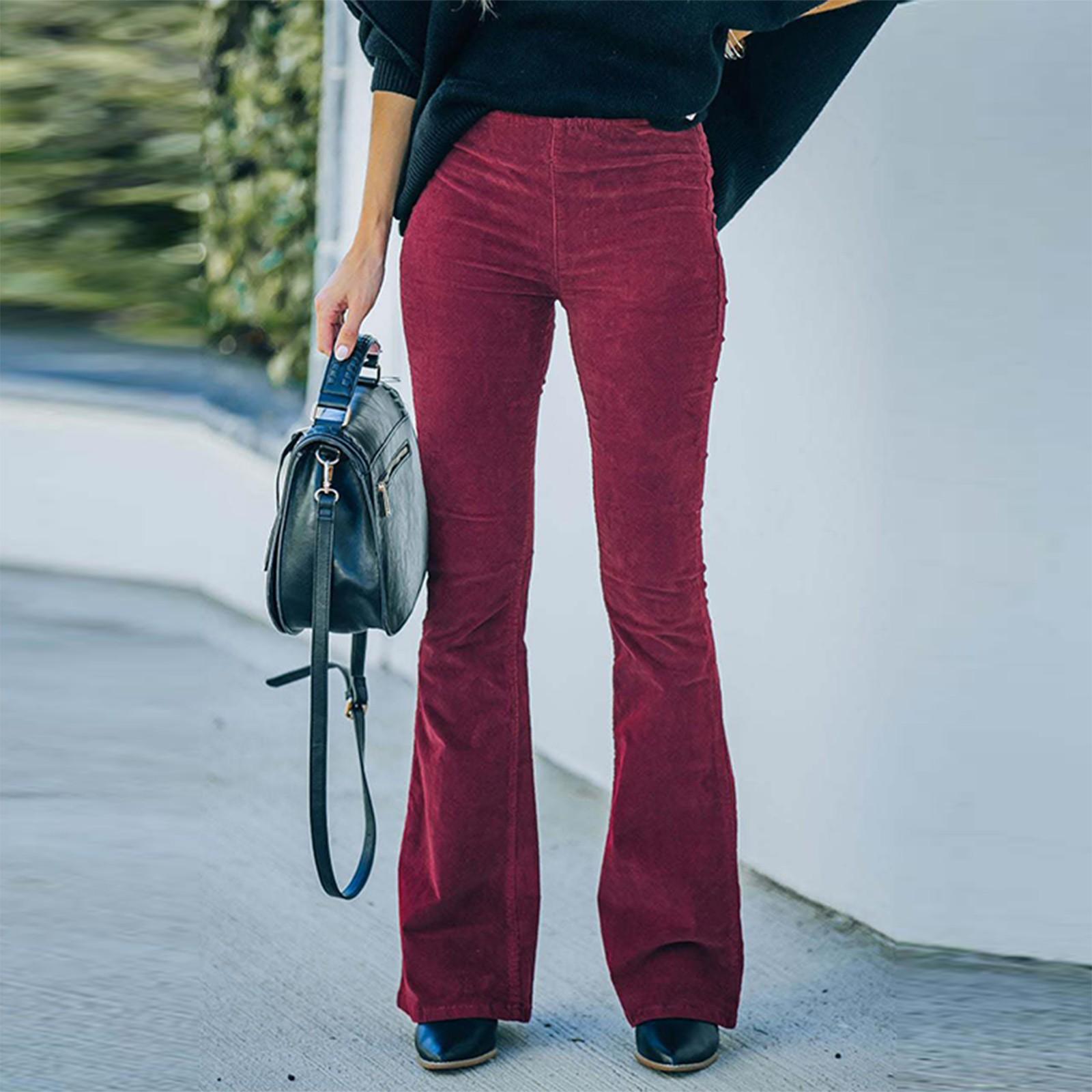 

Женские однотонные облегающие брюки с микро расклешенными брюками, повседневные брюки с эластичной резинкой на талии, вельветовые брюки M винный