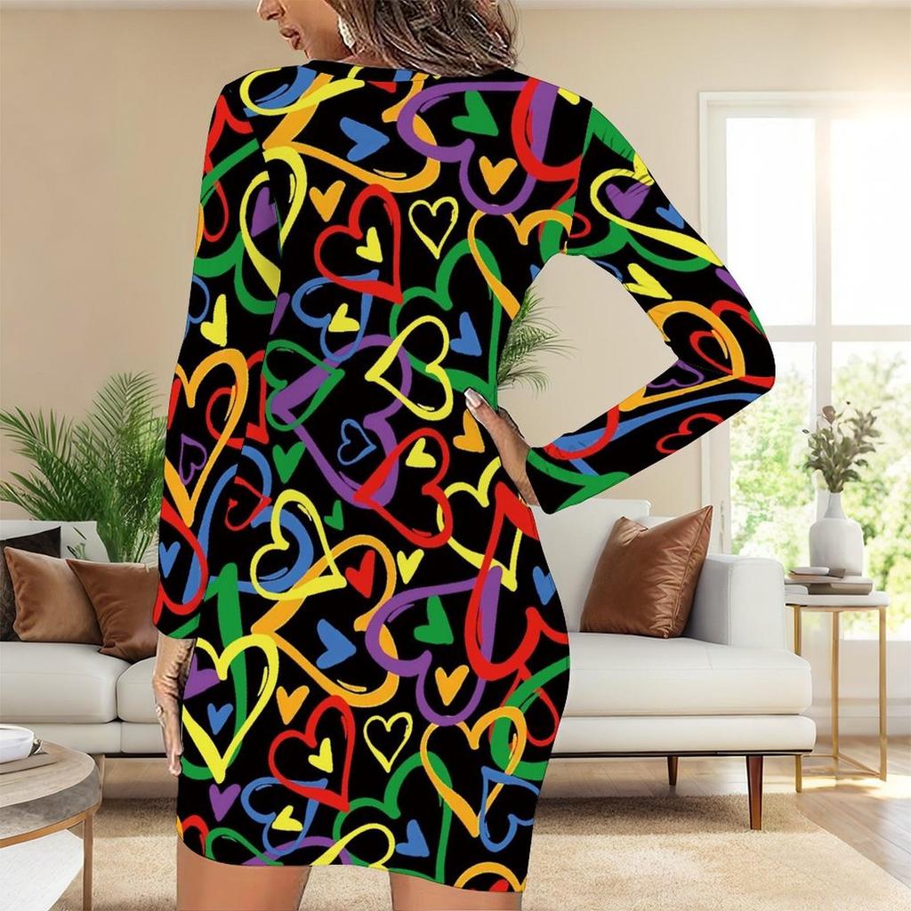 2025 Autumn and Winter New 3D Love Pattern Print and Dyeing Women's Fashion Long-sleeved Round Neck Hip-wrapped Dress Valentine's Day Limited