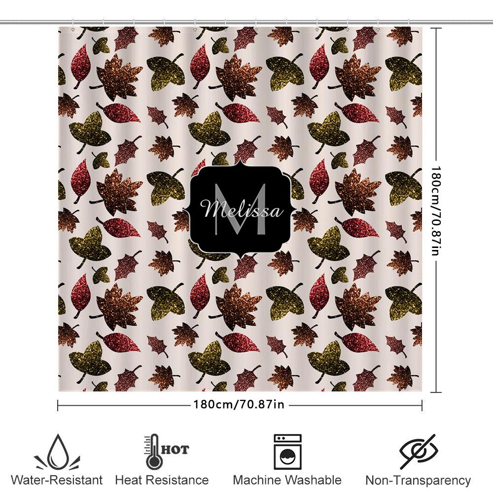 Shower Curtain Featuring Autumn Leaves Pattern With Glittery Finish, Name Monogram In