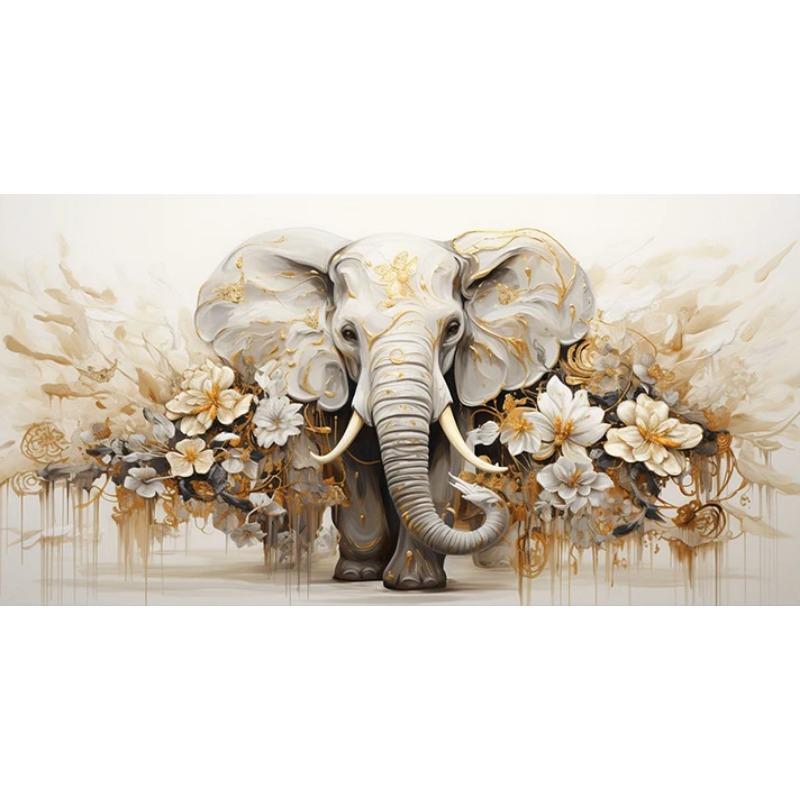 Abstract Olifant Canvas Schilderij Muurkunst Witte Bloemen Gouden Bladeren Gouden Textuur Posters en Prints voor Woonkamer Decor