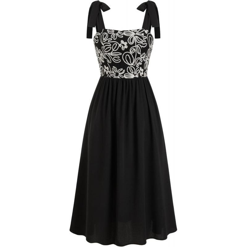 European and American square collar sleeveless bow medium and long dress women s 2026 summer new pleated skirt S чёрный