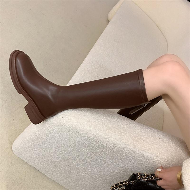 Strong Push~! Huge and Thin! Ins Retro Brown Round Head Thick Sole Medium Heel High Boots Elastic Thin Boots Long Boots