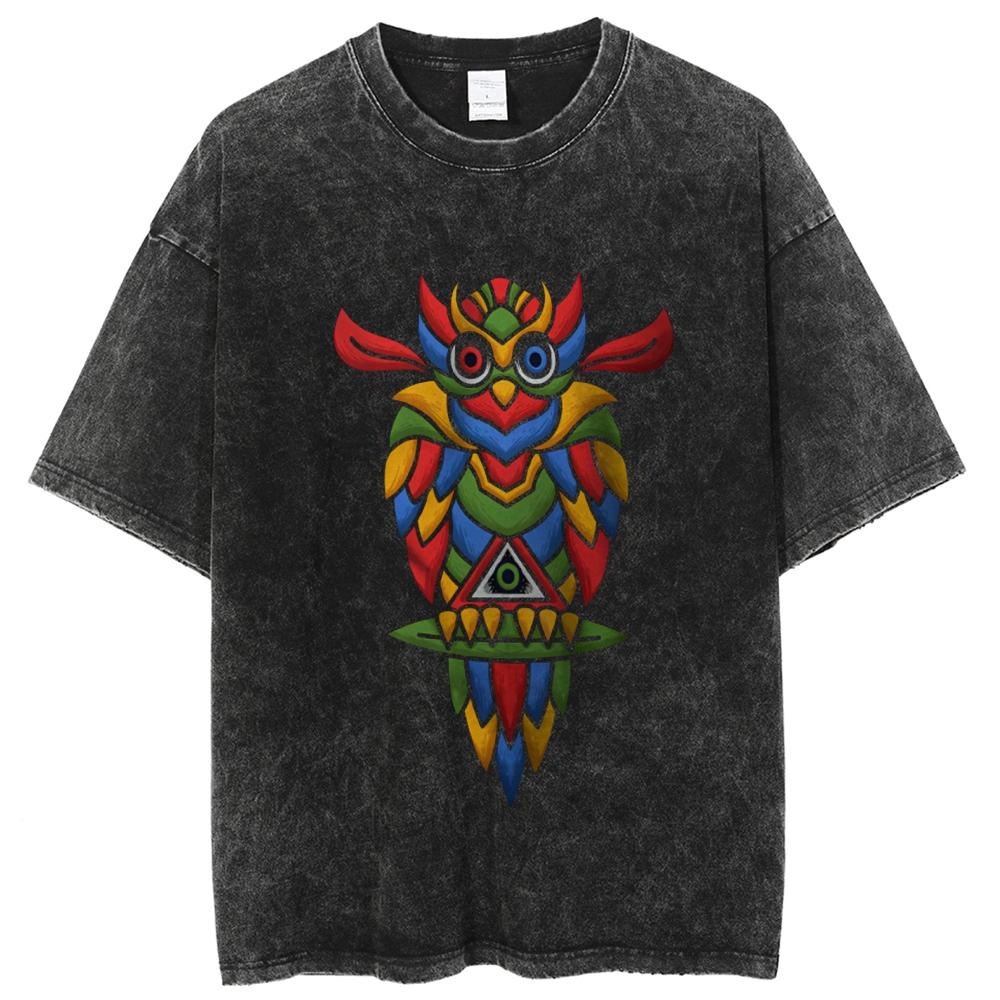 Cartoon Color Owl Print Ladies T-Shirt Loose Wash Oversized Crew Neck Short Sleeve Student Casual Simple Tee