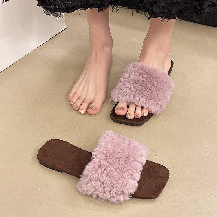 

Retro square head fluffy slippers women s outer wear 2024 autumn new plush one-word cotton mop 40 світло-фіолетового кольору