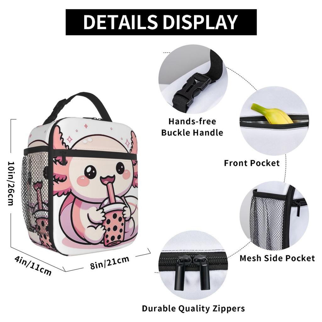 Cute Axolotl Milk Tea Print Insulated Lunch Bag for Women Kids Portable Food Boxes Thermal Lunch Box Tote