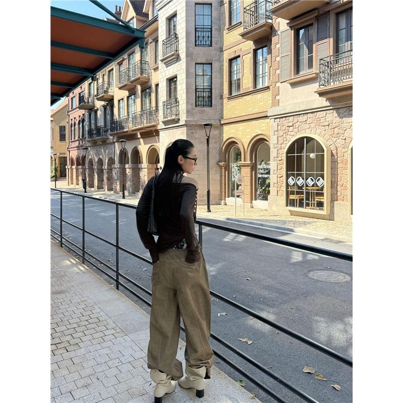 Fashionable Street Casual Shell Button Off-shoulder Long-sleeve High-stretch T-shirt