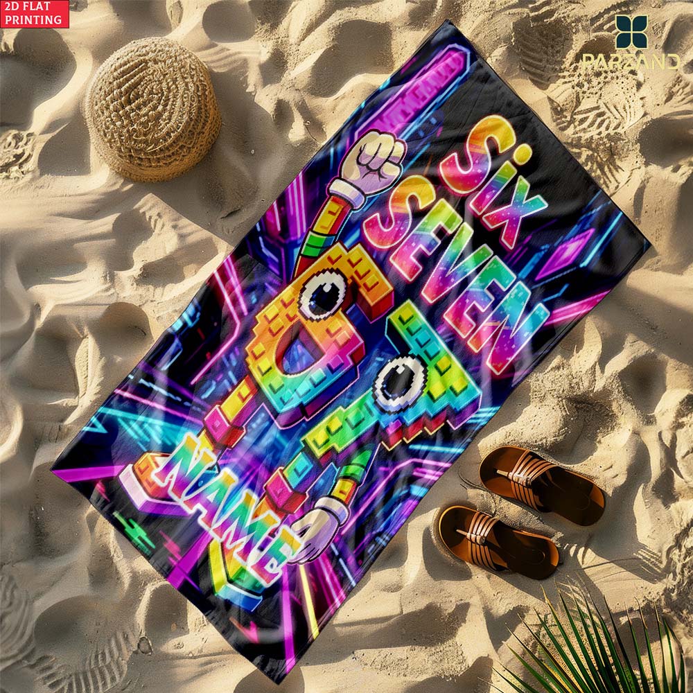 1pc Neon Pixel Number 67 Personalized Name Beach Towel, Cyberpunk Kids Summer Pool Towel